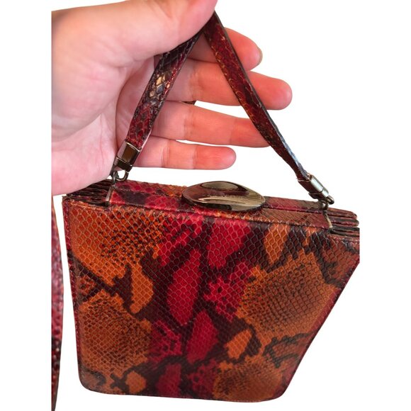 Vintage Lamarthe Italy Snake Print Leather Shoulder Bag Wine Metal Clasp Closure - Picture 9 of 13